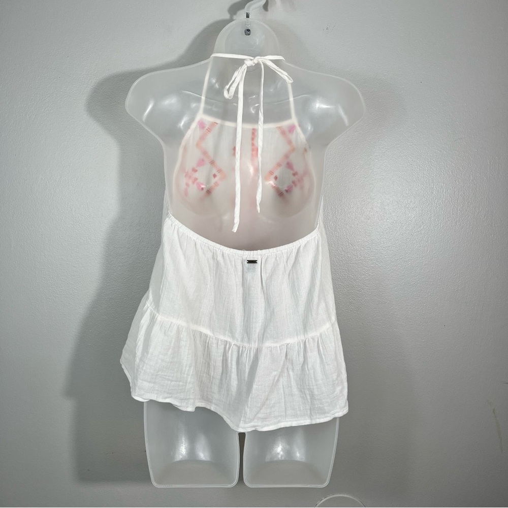 O'Neill White Pink Embroidered Lightweight Halter Tie Peplum Hem Tank Top Small - Picture 7 of 7